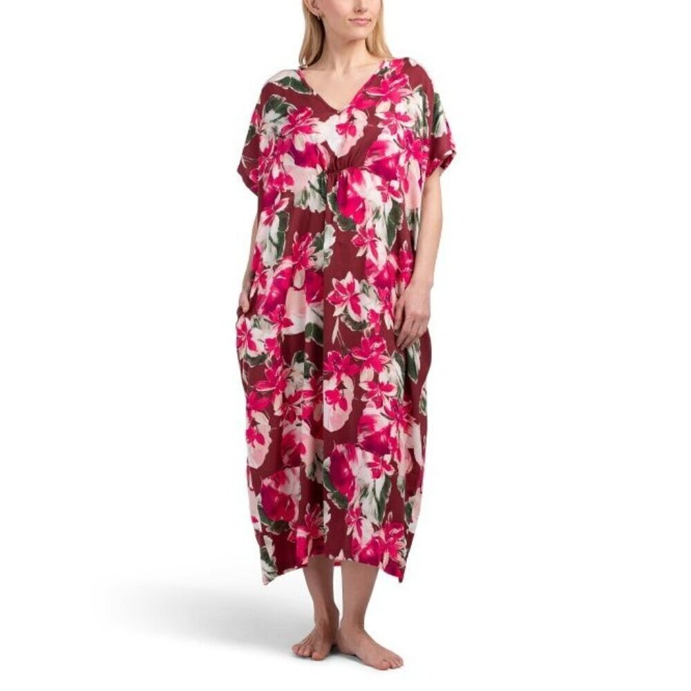Tommy Bahama Womens Burgundy Pink Tropical Caftan Swim Cover Up Sz S M New